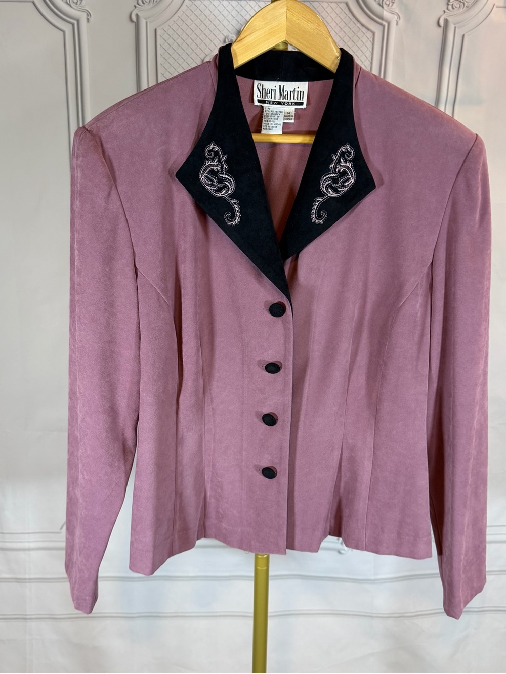 Vintage Sheri Martin Blazer Jacket Size 14 Purple Black Embroidery Lapel 90’s
